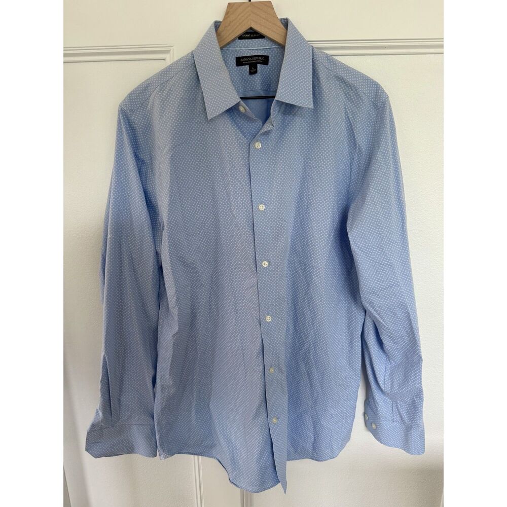 Banana Republic Grant Slim Fit Shirt Mens L Blue Geometric Non Iron 100% Cotton
